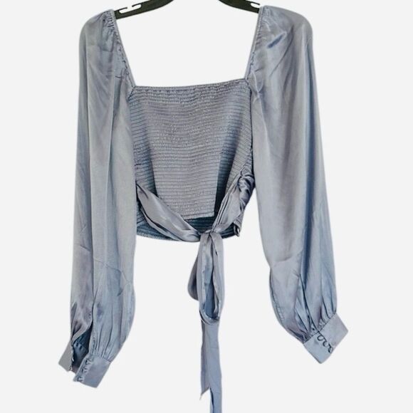 Urban Outfitters Bohemian Light Blue Satin Style Crop Top blouse Size Medium - Picture 3 of 12